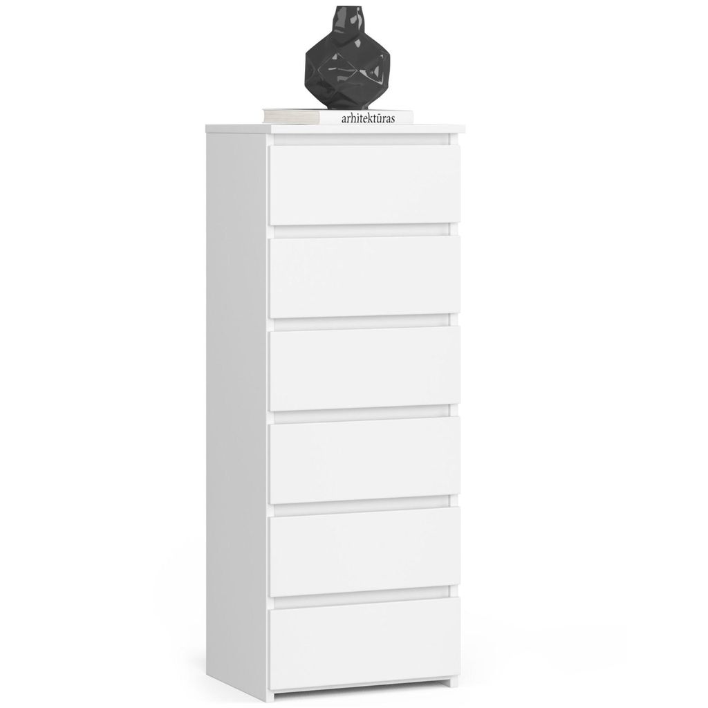 A white chest of drawers with a decorative vase on top.