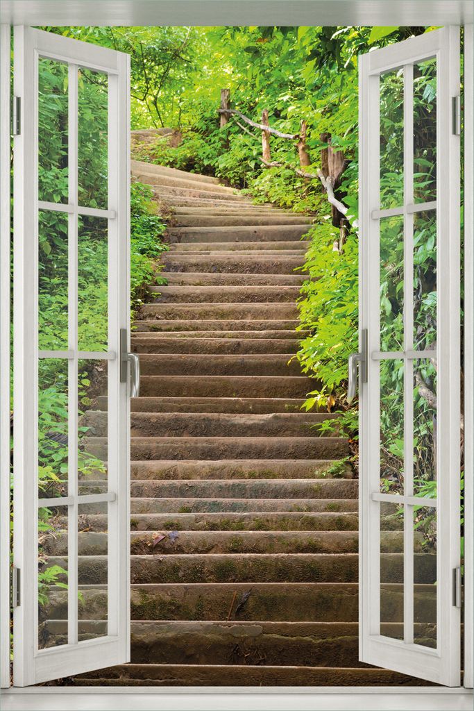 Wallario Poster mit Fenster-Illusion: Steintreppe im Wald, Größe: 61 x 91,5 cm (Maxiposter)