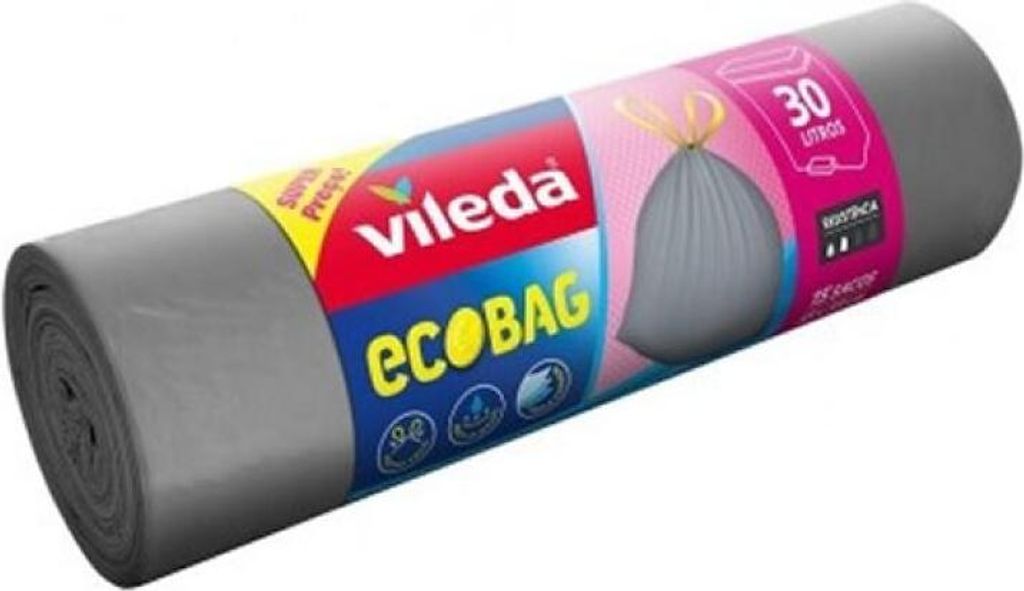 A roll of gray garbage bags with a colorful label.
