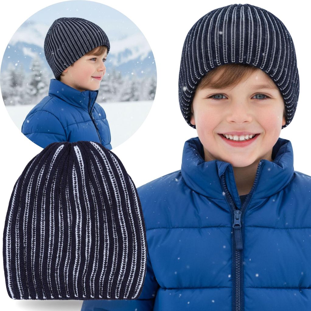 Warme Wintermütze für Jungen, dunkelblau-weiß Einheitsgröße