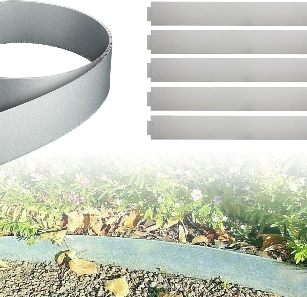 A collage showing a roll of silver metal edging and several straight pieces of the same edging, with a blurred background of a garden bed with plants and leaves.