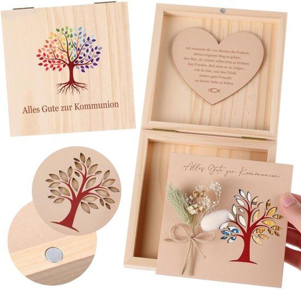 Holzschachtel für Taufe und Kommunion - Holzbox mit getrockneten Blumen - 14 x 14 x 3,5 cm