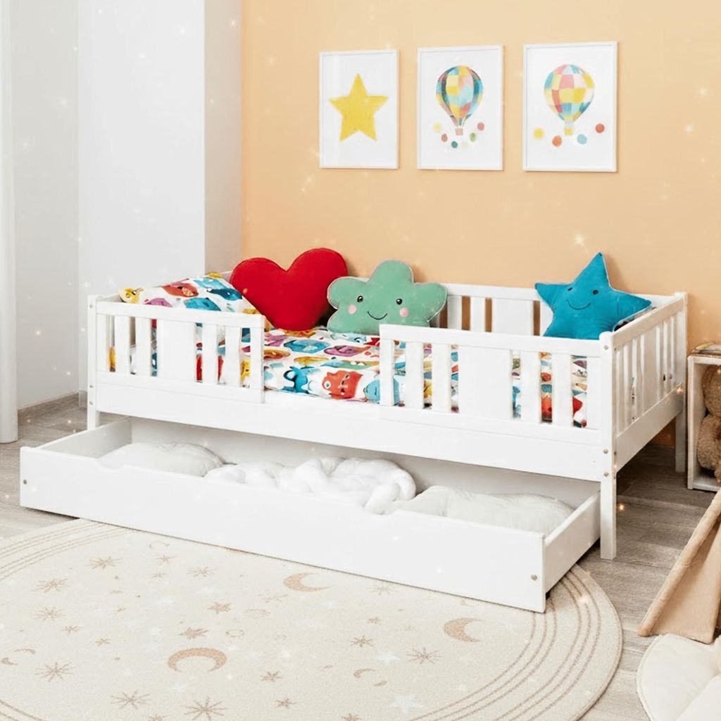 MEBLE WRÓBEL Kinderbett 90x200 cm - Jugendbett mit Schublade Lattenrost & Rausfallschutz - Einzelbett Kinder Bett aus Kiefer Massivholz Weiß - Kl...