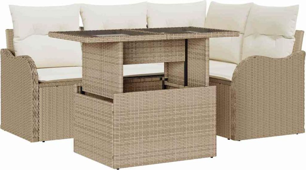 SYFAX Outdoortisch-Set mit Kissen 5 pcs Beige Poly Rattan