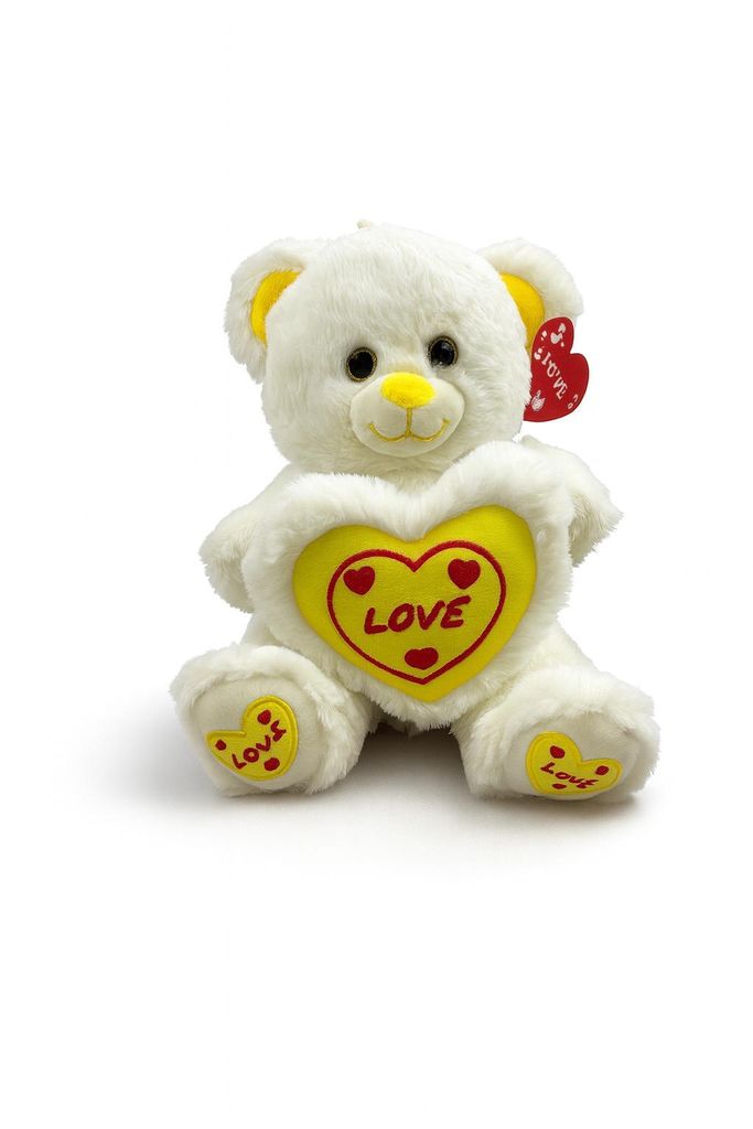 Kuscheltier Teddybär 27 cm weiß mit Herz gelb – Weiches Plüschtier, Stofftier mit Schriftzug „Liebe“