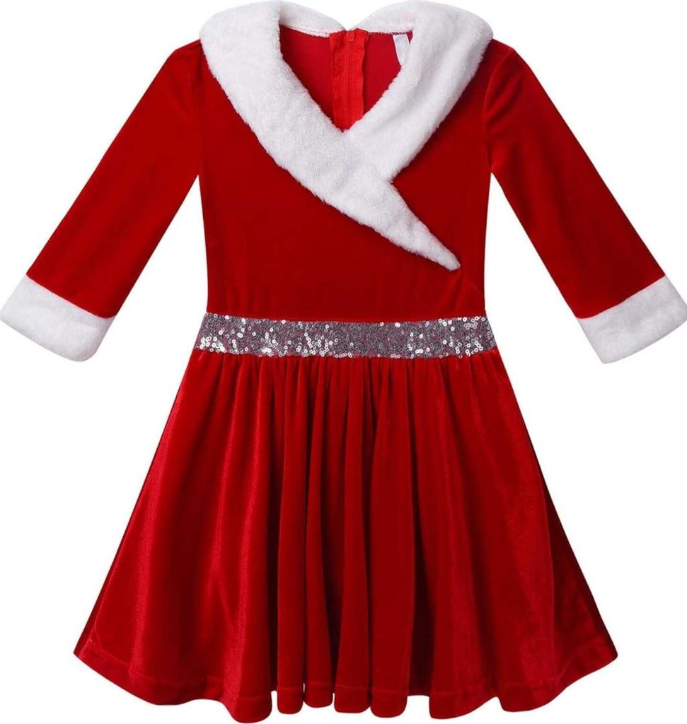 Vestito Di Natale Per Bambine, Maniche Lunghe, Tinta Unita Con Volant, Abito Da Festa Elegante - Per Occasioni Speciali