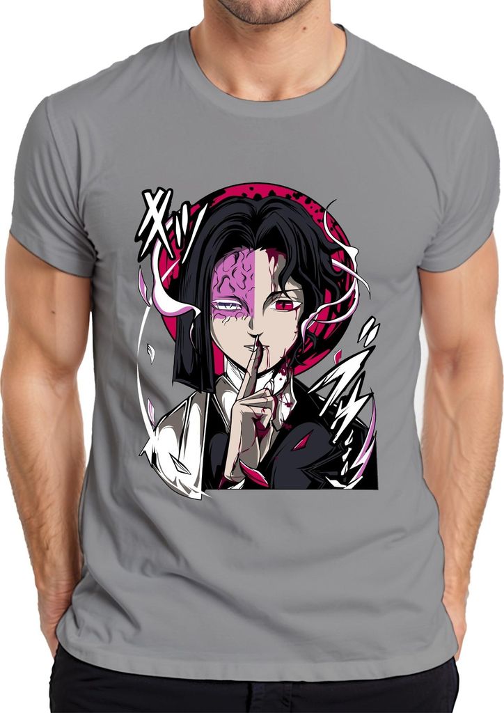 Anime Dämon Halbgesicht Blut Rotes Auge Psst Gothic Halloween Herren T-Shirt, Grau, 3XL