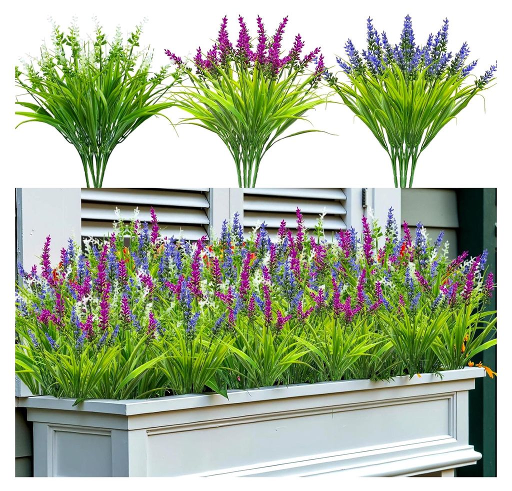 12 Bündel Künstliche Blumen, Lavendel Kunstblumen für Außenbereich, Künstliche Pflanzen für Balkon und Blumenkästen (12, Violett, Rosenrot, ...