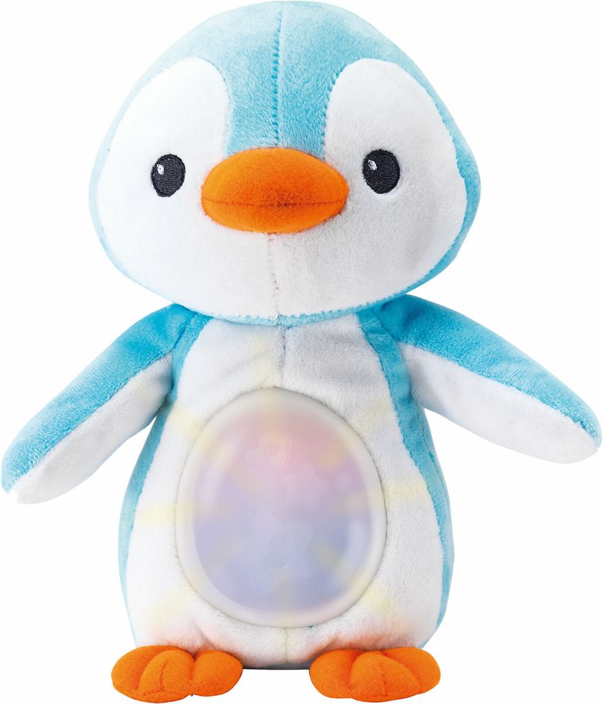 A plush toy penguin with a light-up belly.
