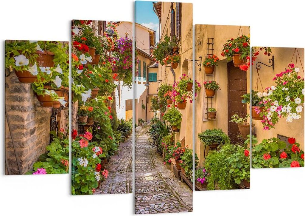 Bild auf Leinwand - Leinwandbild - Path Blumen Haus Hof - 150x100cm - Wand Bild - Wanddeko - Leinwanddruck - Bilder - Kunstdruck - Wanddekoration -...