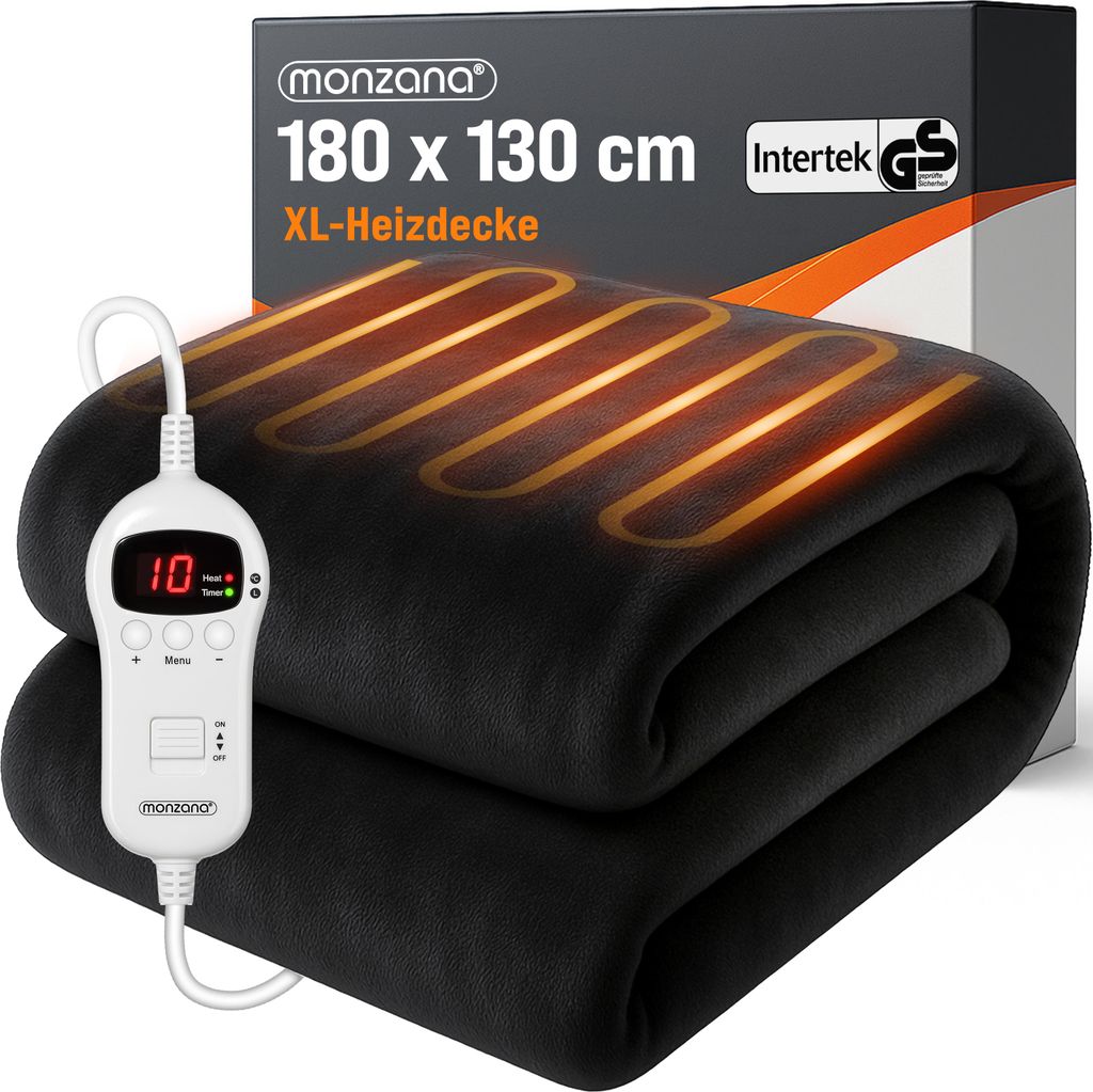 A folded black electric blanket with a visible heating element pattern and a white controller with a digital display.