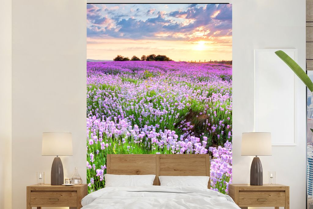 MuchoWow Fototapete für Wohnzimmer oder Schlafzimmer Wandtapete Vinyl Motivtapete Blumen - Lavendel - Lila - Himmel - Sonnenuntergang - Wiese - ...