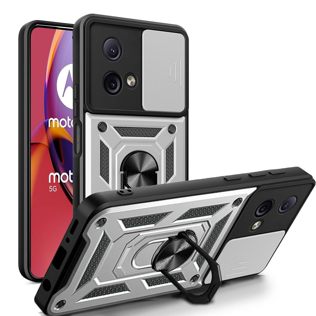 Outdoor Panzer Hülle Motorola Moto G84 Handyhülle mit Kameraschutz Ringhalter Silber