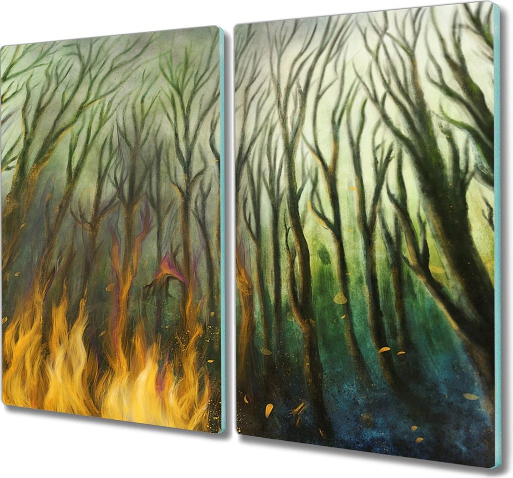 Coloray Schneidebrett Herdabdeckplatte 2x30x52 cm Kochplattenabdeckung Küchenbrett Hackbrett - Malerei Baum Waldbrand