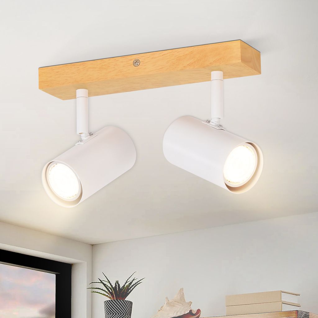 ZMH Deckenleuchte Weiß Deckenstrahler 2 Flammig Holz Deckenlampe GU10 Deckenspots Schwenkbar 350° Spotslight für Wohnzimmer Schlafzimmer Küchen Korridor Esszimmer