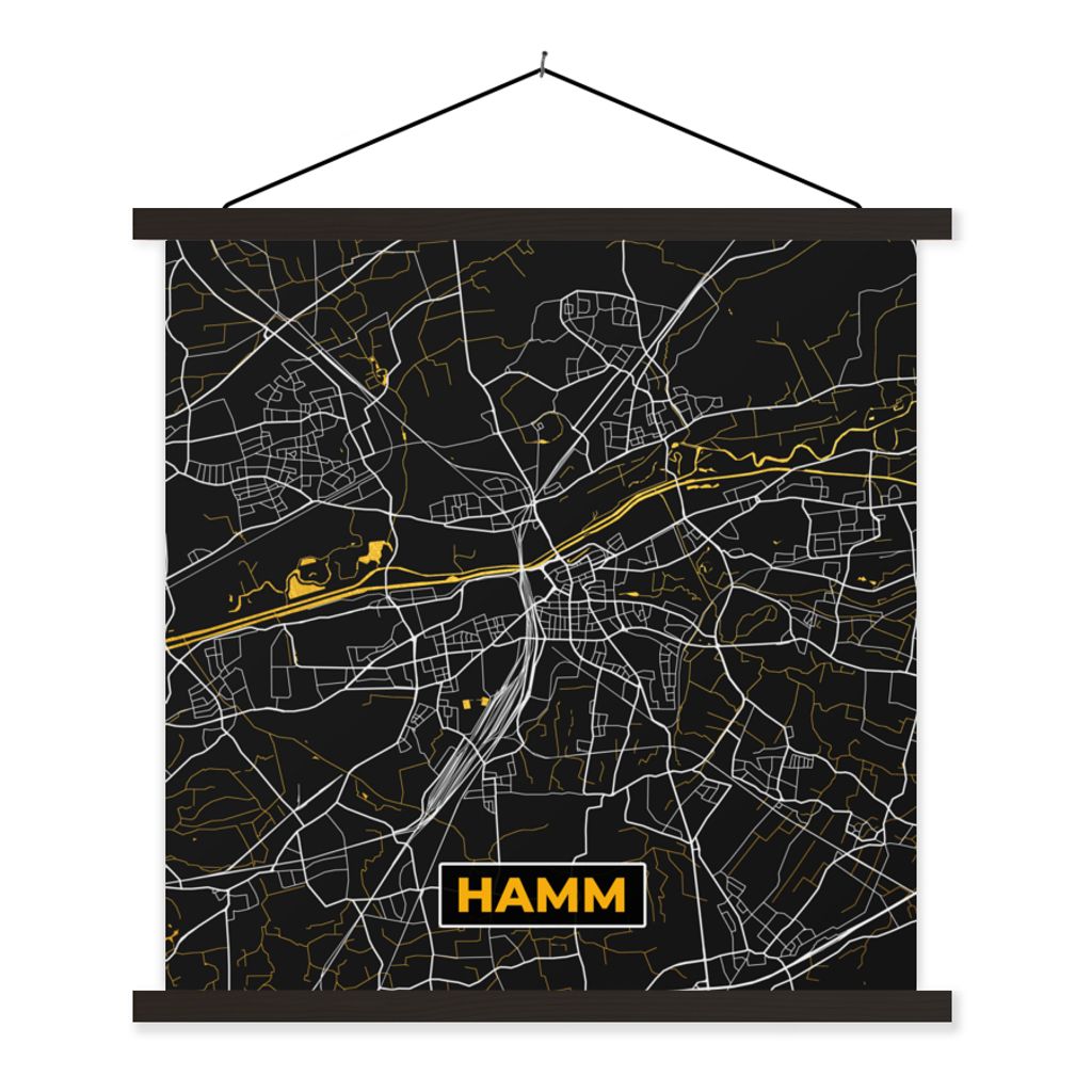 MuchoWow Textilposter Hamm - Karte - Schwarz und Gold - Deutschland - Karte - Gold - Stadtplan 90x90 cm mit schwarzem Rahmen - Magnetisches