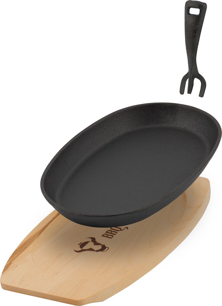 BBQ-Toro Gusseisen Servierpfännchen mit Holzbrett, 27 x 18 cm - oval, schwarz, bereits eingebrannt