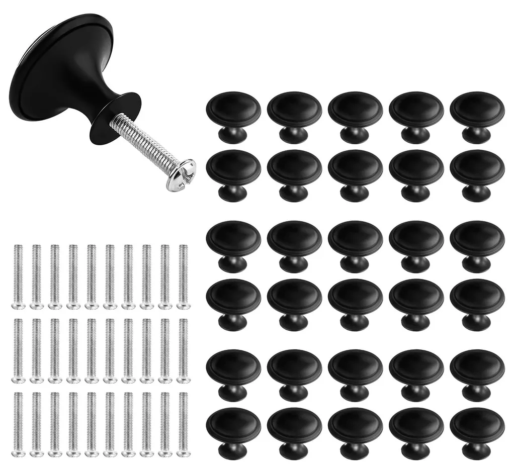 Lot de 30 Boutons de Meubles Noir Mat en Acier Inox pour Placard