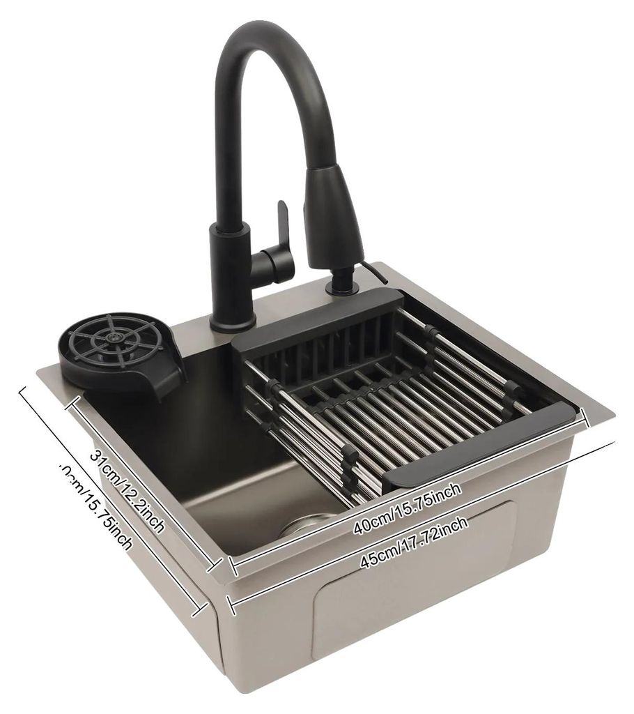 Küchenspüle, Ausziehbarer Wasserhahn, Seifenspender, schwarz