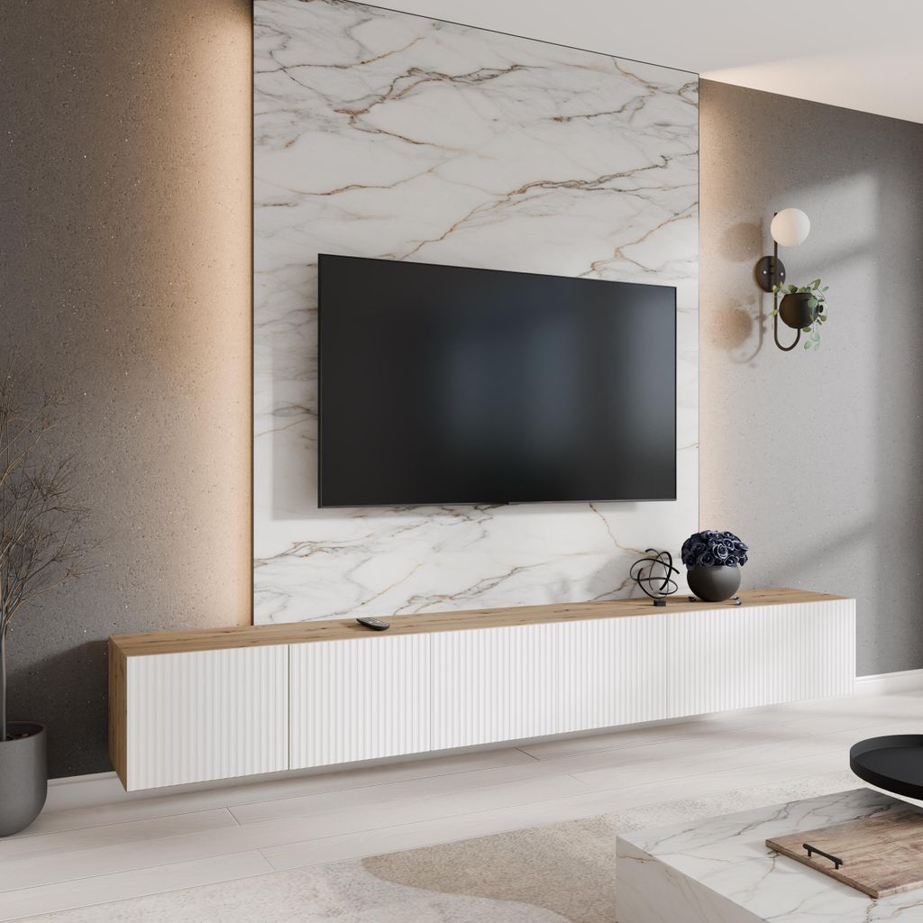 Modernes TV Lowbord mit 6 Türen Presto Große TV Schrank 300cm breit Lowboard Fernsehtisch mit geriffelte Fronten, Farbe: Eiche Artisan, Weiß, An...