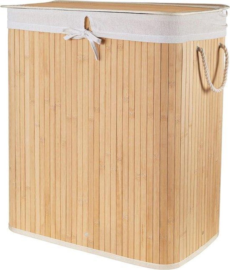 Opvouwbare Wäschekorb mit 2 Fächern und Abdeckung - Bambus und Polyester, 52 x 32 x 63 cm