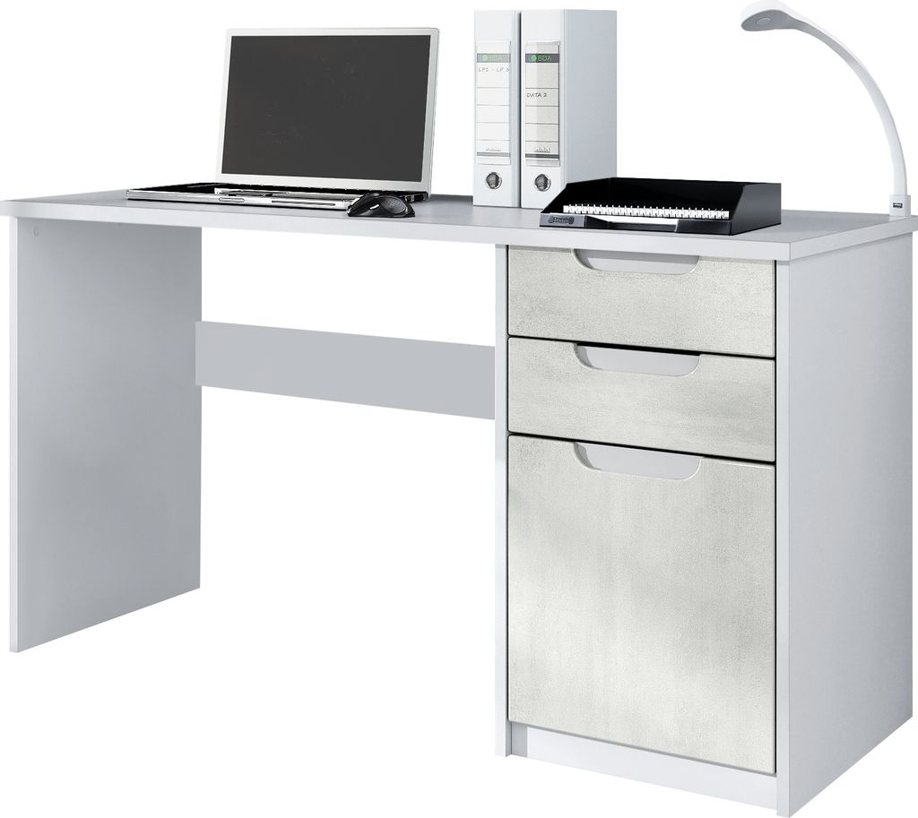 Vladon Schreibtisch Logan, Germany, Bürotisch mit 2 Schubladen und 1 Tür, Weiß matt/Beton Oxid-Optik (129 x 76 x 60 cm)