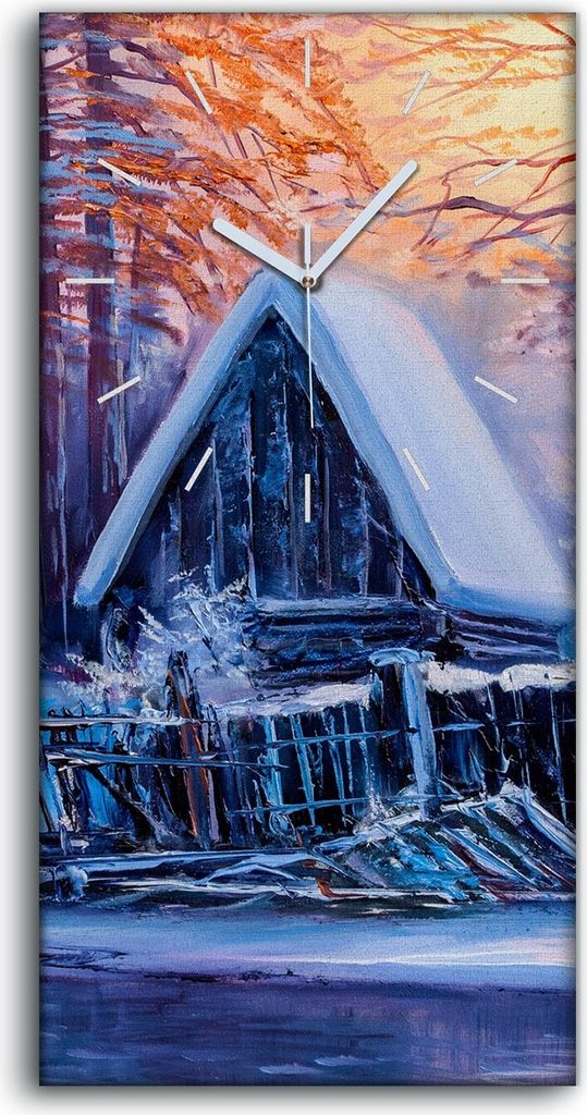 Wohnzimmer-Bild Leinwand Uhr Quarz 30x60 Alte Hütte am Flussufer Im Winter Wald - weiße Hände