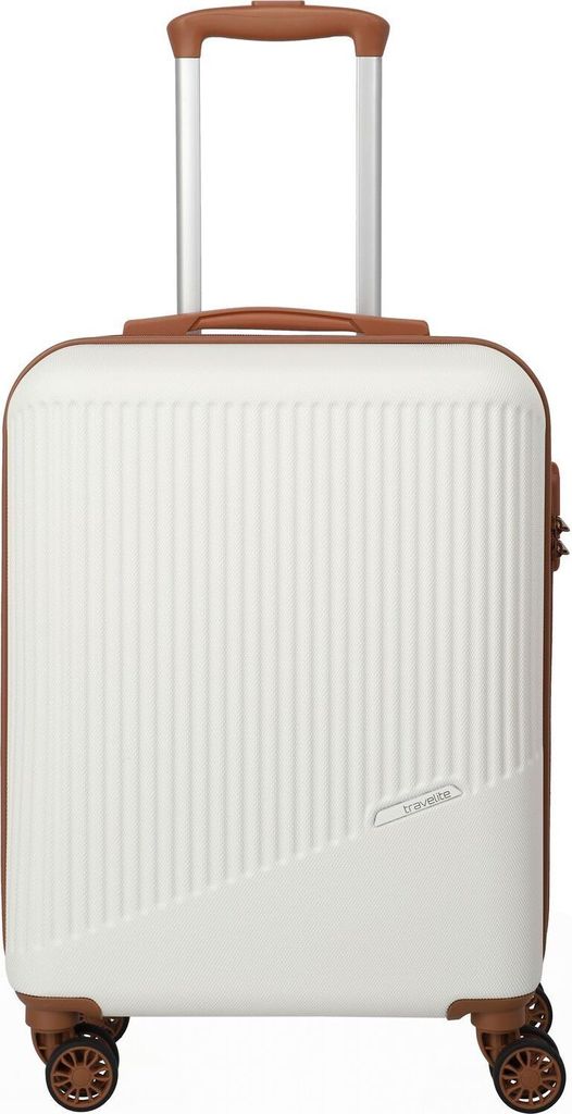 A white and brown trolley suitcase on a white background.