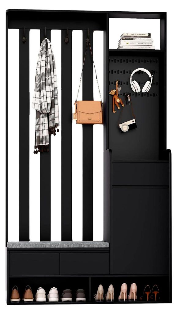 Flurgarderobe mit Schuhbank, Schuhschrank, 4 Haken, 1 Schublade, praktischer Lochwand, kompakte Garderobe für den Eingangsbereich, 100×35×180cm,...
