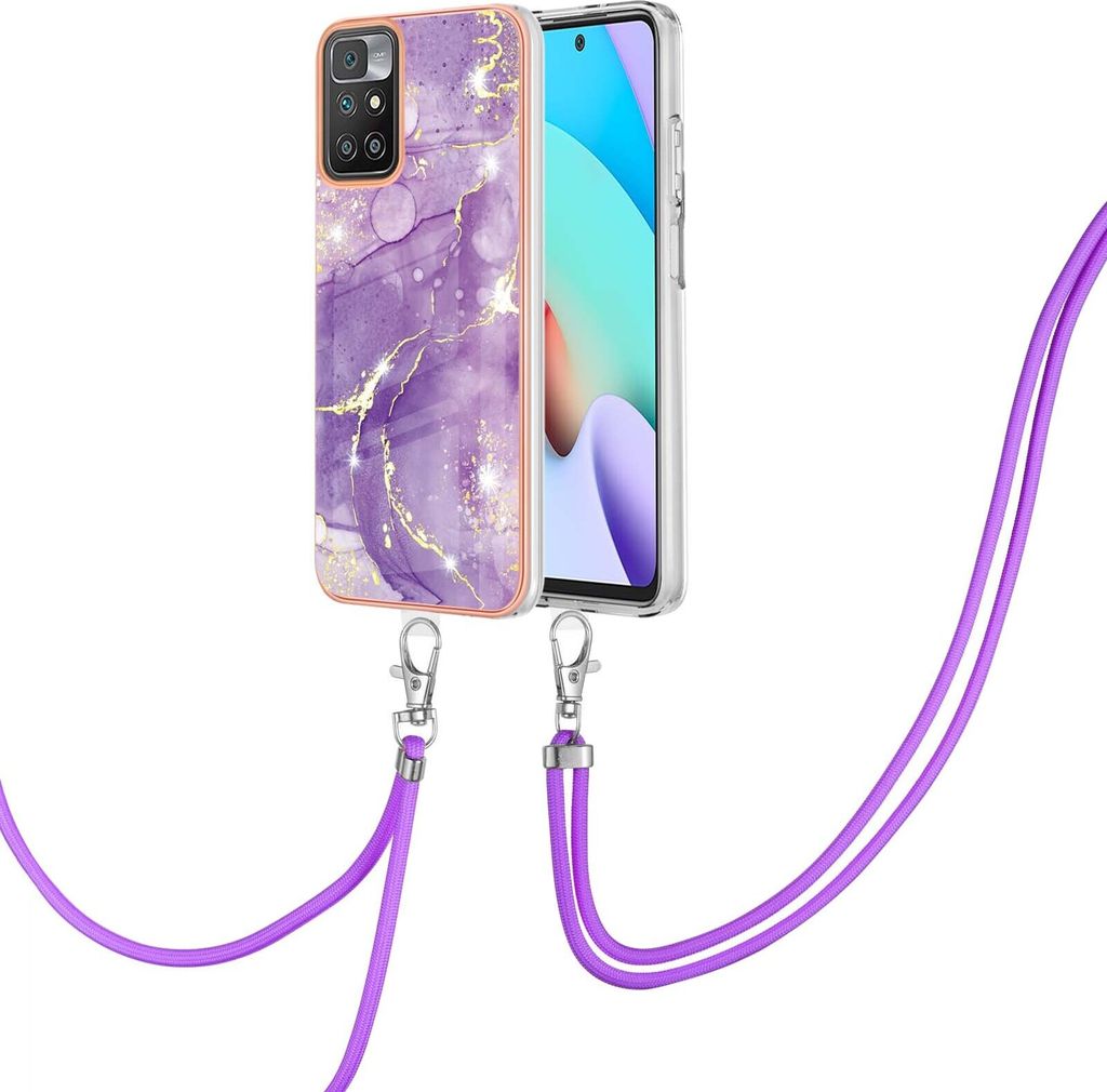 Handykette Hülle für Xiaomi Redmi 10 Muster TPU Schutzhülle mit verstellbarem Tragegurt Violett