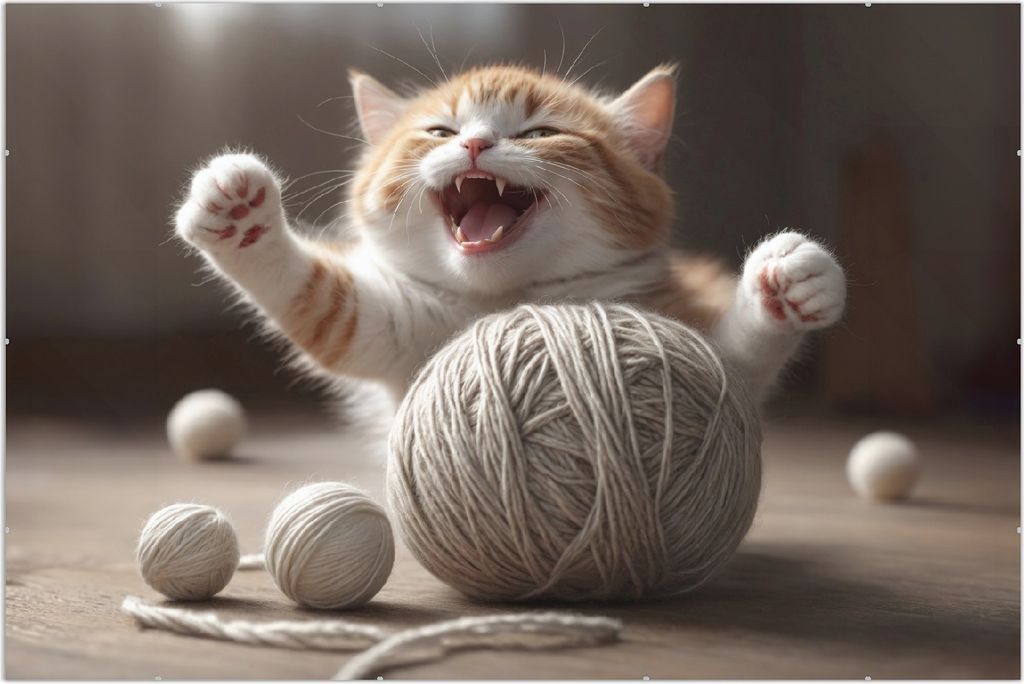 Wallario Wandbild Katze mit Wollknäuel, Größe: 61 x 91,5 cm, Poster mit rahmenlosen Bildhalter