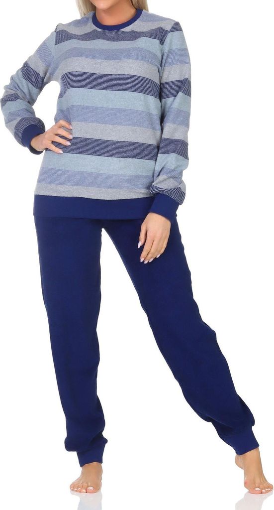 Damen Schlafanzug langarm mit Bündchen Pyjama in Blockstreifenoptik - auch in Übergrössen ; blau , 36