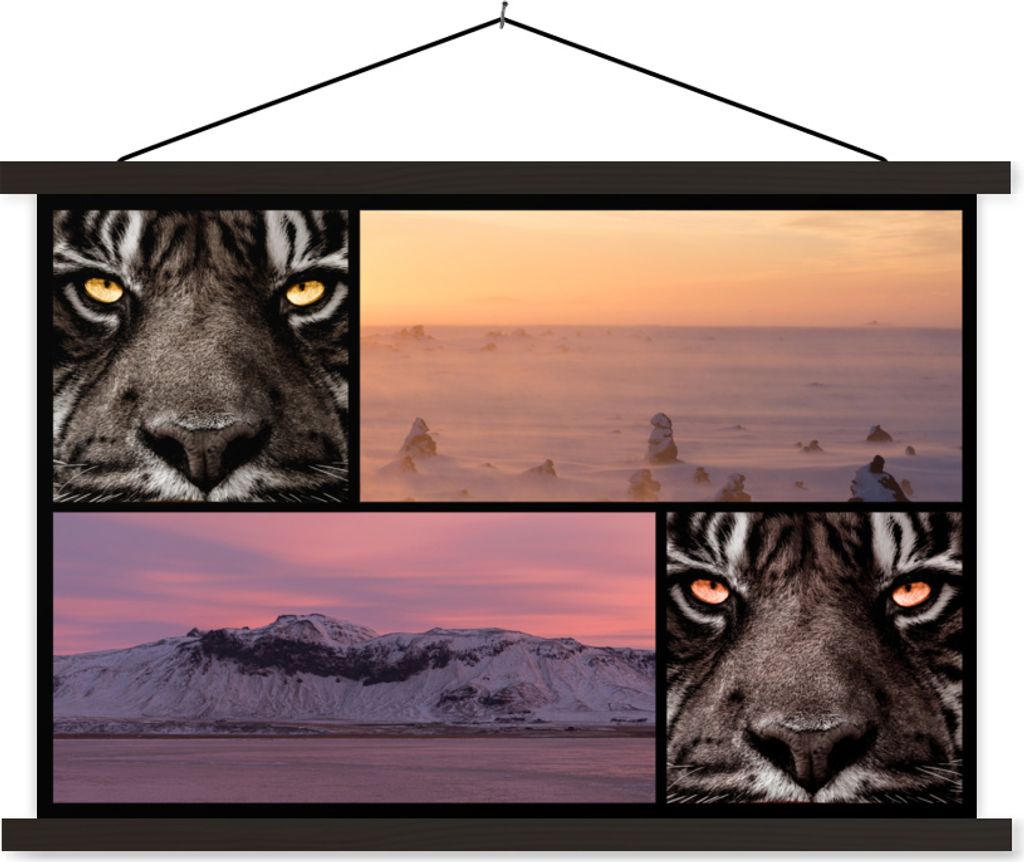 MuchoWow Textilposter Tiger - Collage - Natur - Sonnenuntergang 60x40 cm mit schwarzem Rahmen - Hölzernes