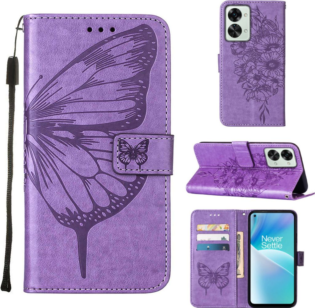 OnePlusNord 2T 5G Hülle, Schmetterling Prägung Flip Leder Kartenfächer Schutzhülle Ledertasche mit Ständer für OnePlus Nord 2T 5G Violett