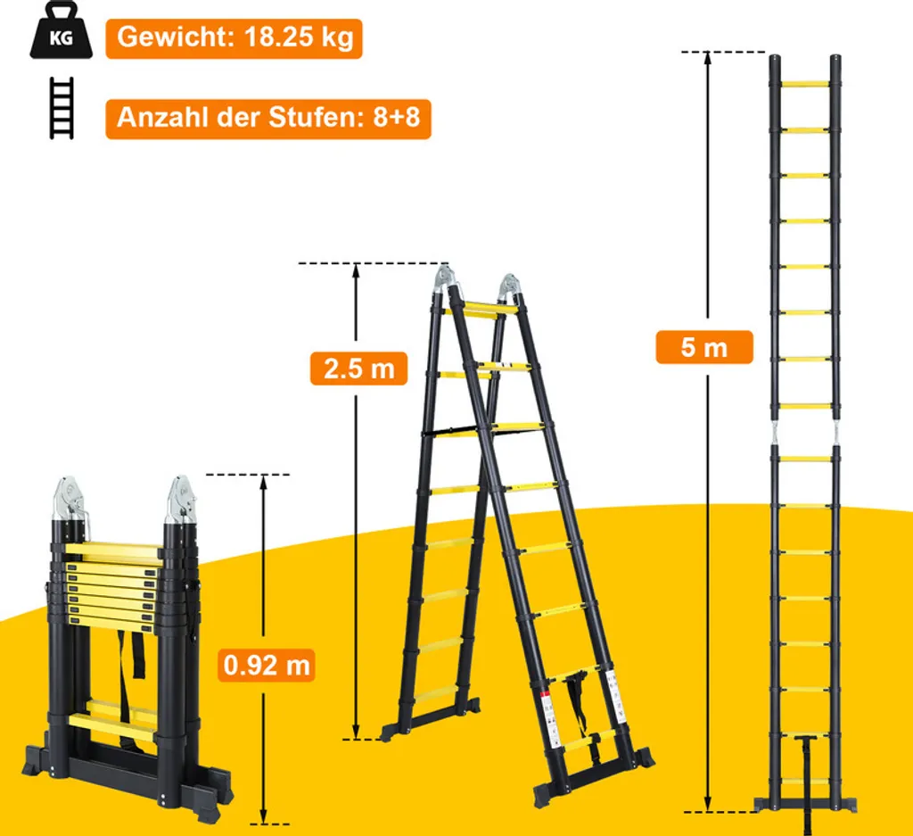 Échelle Télescopique Woerther – 5,20 Mètres, 15 Marches, Capacité 150 Kg, Garantie 5 Ans