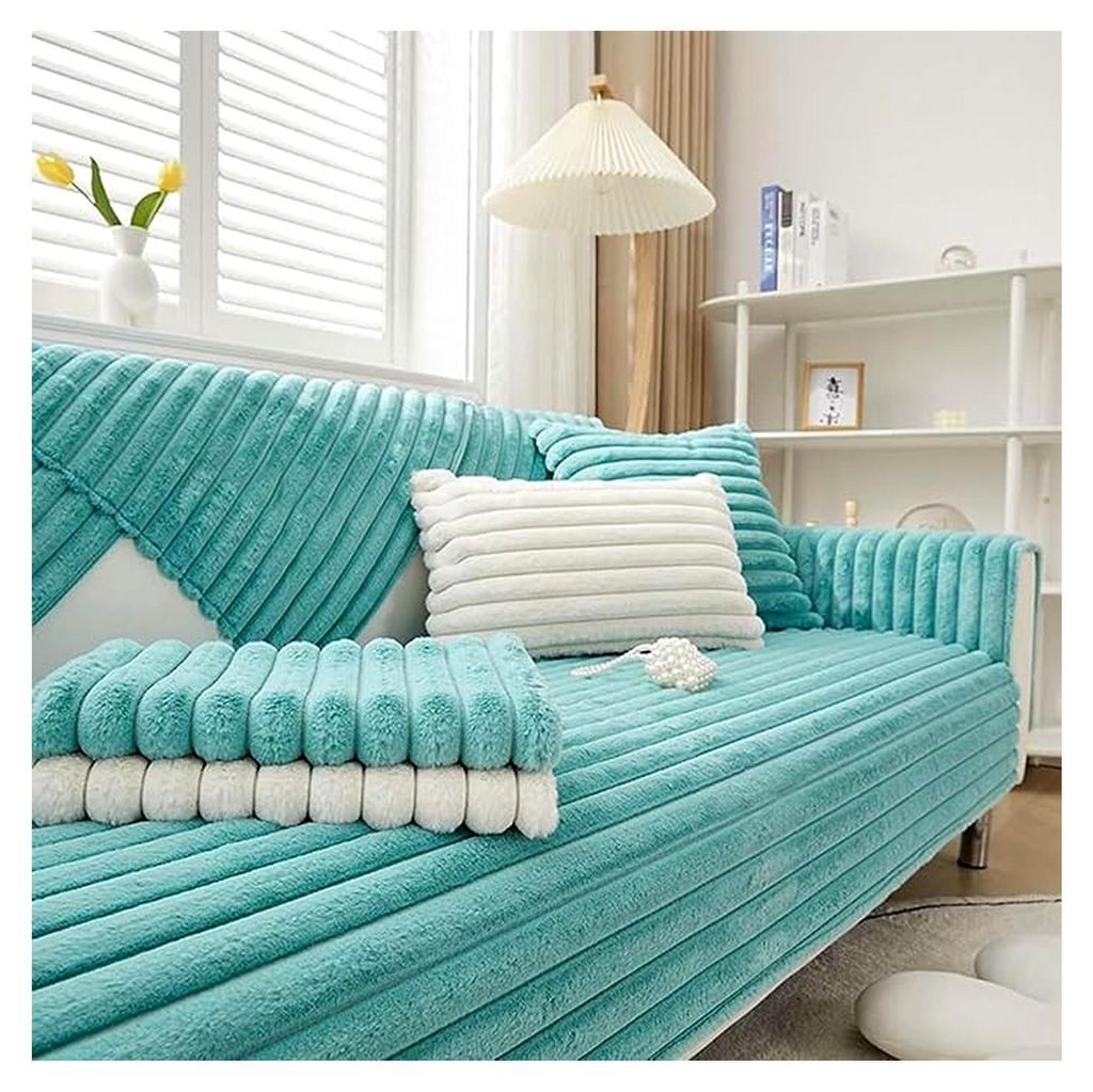 U-Form Couchbezug Plüsch, rutschfester Sofaschoner, Samtbezug für Ecksofas ohne Armlehnen, Couchüberwurf, Sofaschutz für Katzen/Hunde, Blau, Ki...