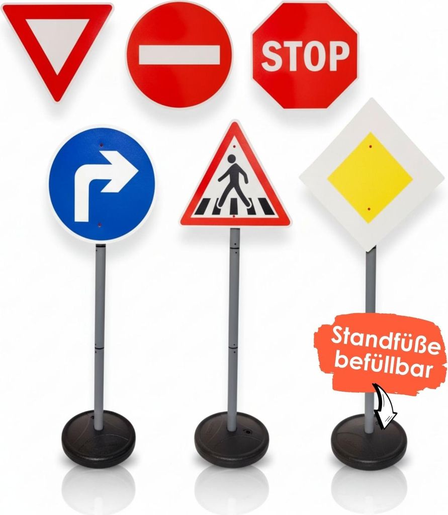 Straßenschilder-Set für Kinder – Spielerische Verkehrserziehung mit 6 Verkehrszeichen und befüllbaren Standfüßen