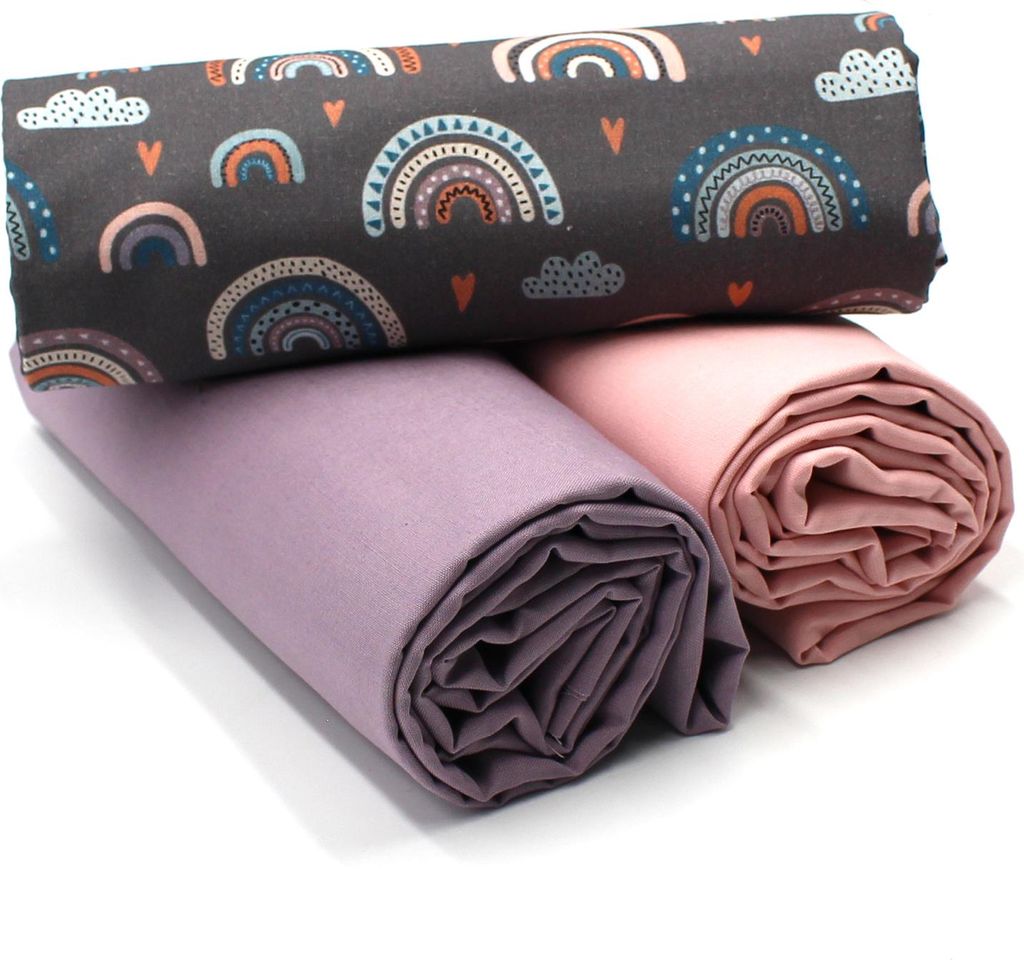Regenbogen Set 04 Baumwollstoff Druck + 2x Baumwollstoff Uni je 0,5m Stoffpaket DIY Projekt