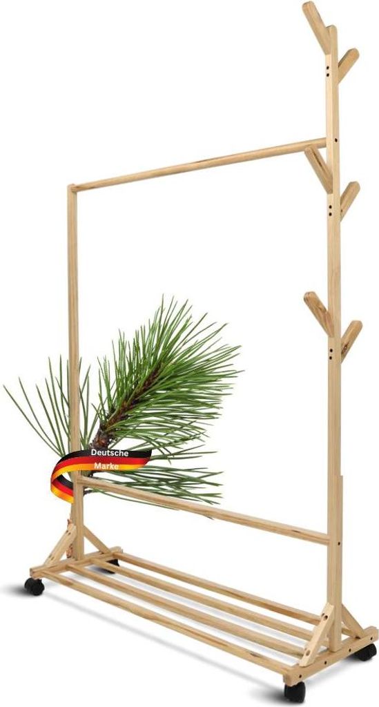 DELUKE Garderobe mit Rollen SEMU - Massivholz, 6 Haken | Garberobenständer Flur Kleiderstange für Jacken Eingangsbereich Kleiderständer