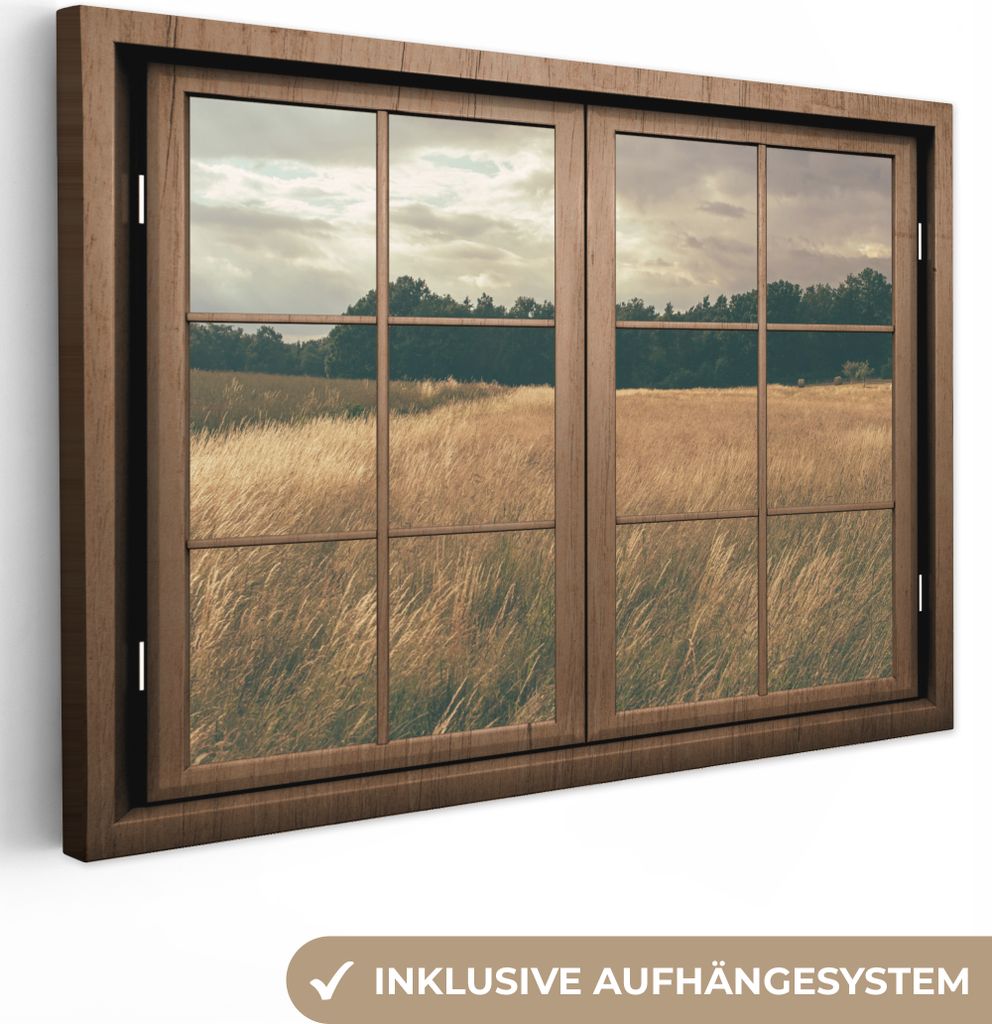 OneMillionCanvasses - Leinwandbilder - 150x100 cm, Blick durch - Fenster - Weizenfeld, Wandbilder Kunstdruck Wanddekoration