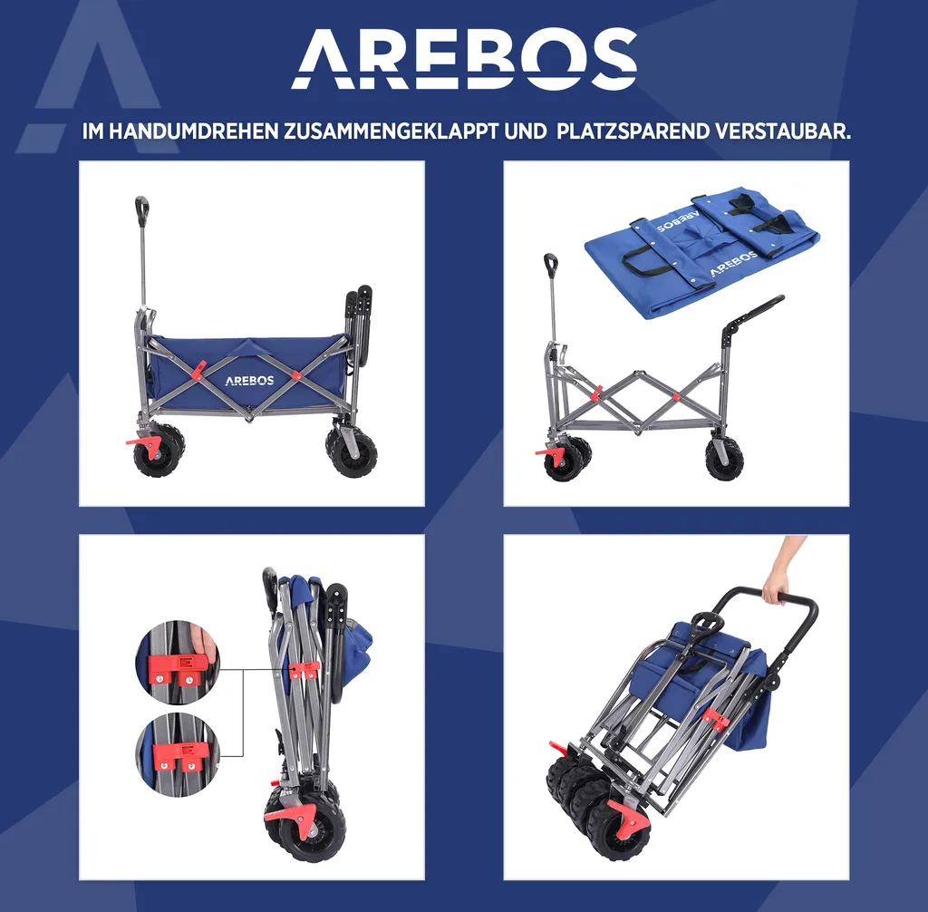 Chariot de Jardin Pliable AREBOS : Remorque à Main avec Filets Bleue - 7