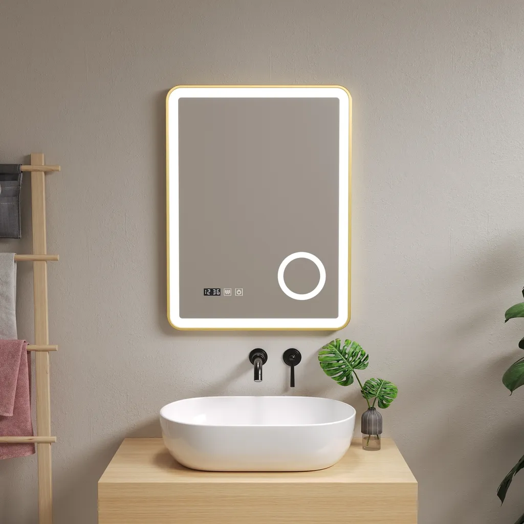 Miroir LED Pescara 60x80 cm cadre alu doré avec 120 LED intégrées