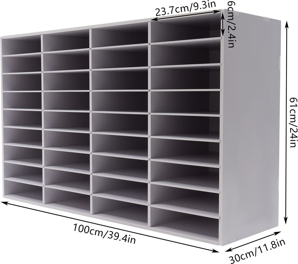 A white and gray modular shelving unit, possibly for organizing mail or documents, with dimensions indicated in centimeters and inches.