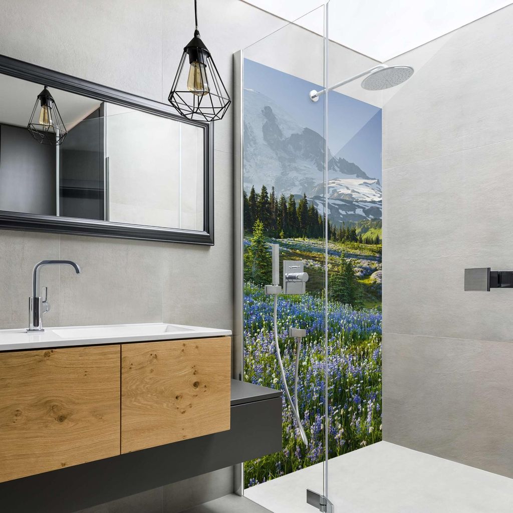 Duschrückwand Blumen selbstklebend - 0.35 mm Wandpaneel wasserfest Blumenwiese grün Motiv Badrückwand fugenlos Smart matt 100x210 cm