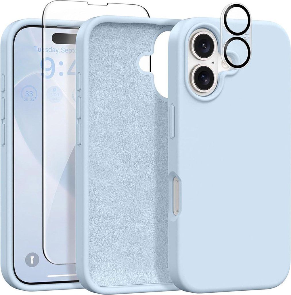 Stravo Silikonhülle für iPhone 16 Plus mit Display- & Kameraschutz, stoßfestes Flüssigsilikon, kratzfestes Mikrofaserfutter, 6,7 Zoll, Hellblau
