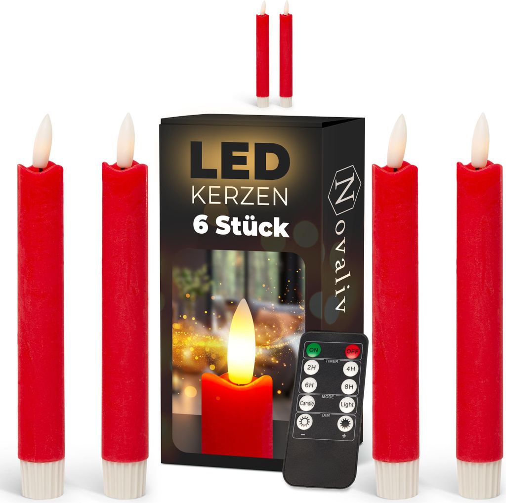 Stabkerzen LED mit Timer ROT 6 Stück indoor - 6 Stunden - ECHTWACHS 18cm Höhe für Kerzen 2,2cm Durchmesser 2 AAA Batterien notwendig LED Stabker...