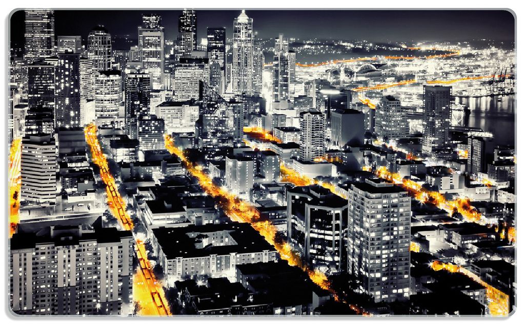 Wallario Frühstücksbrettchen aus Glas, je 14 x 23 cm, mit rutschfesten Füßen, Motiv Großstadt bei Nacht - Seattle in schwarz weiß gelb