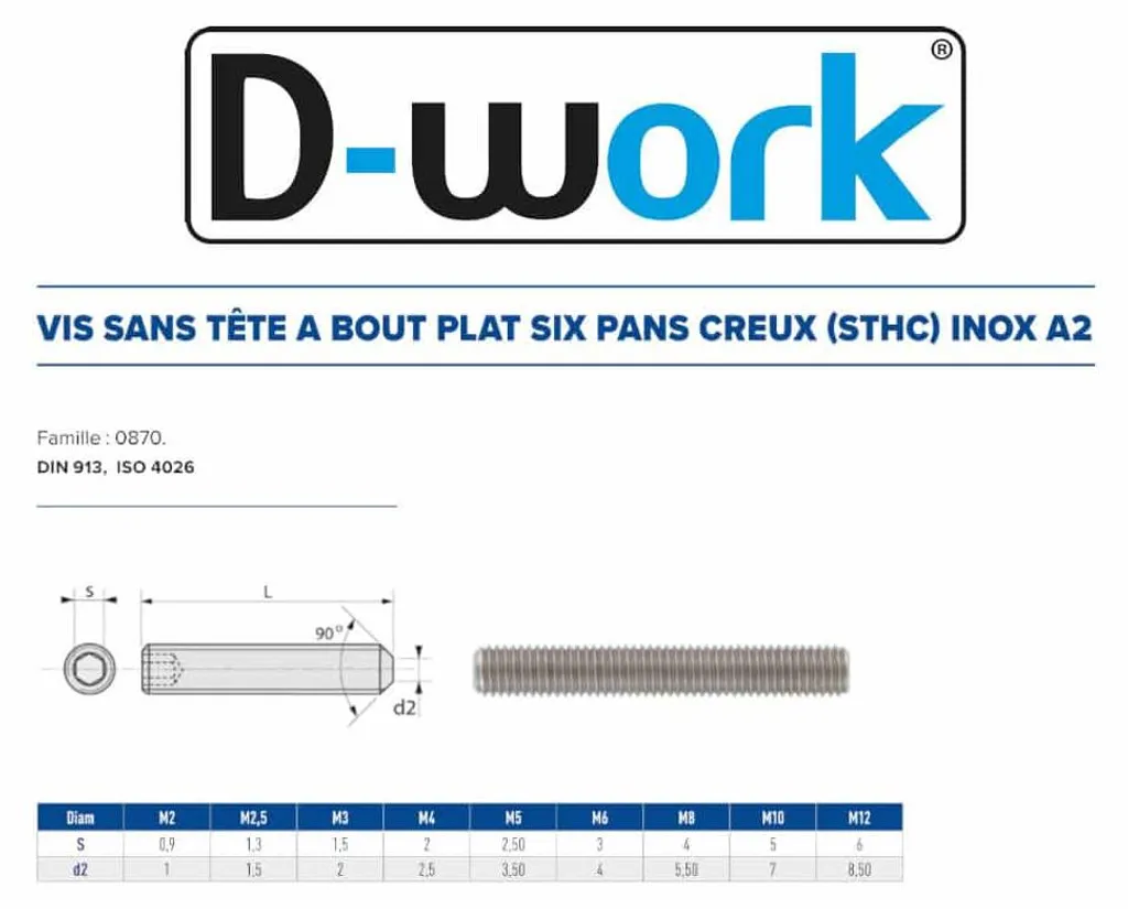 Fixation anti-corrosion vis sans tête M10x90 Inox A2 DIN 913 D-Work