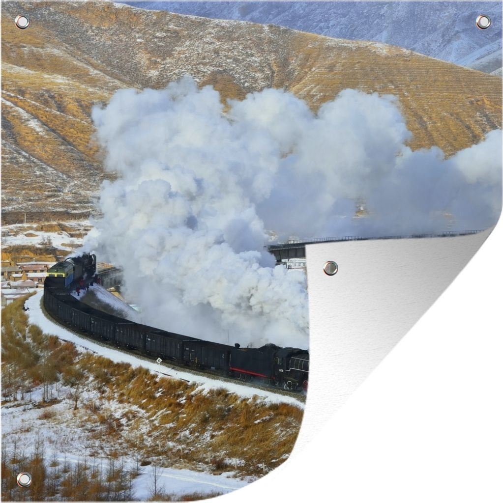 MuchoWow 100x100 cm Outdoor-Poster Gartendeko Sichtschutz Garten Poster für den Garten Dampflokomotive in einer verschneiten Landschaft