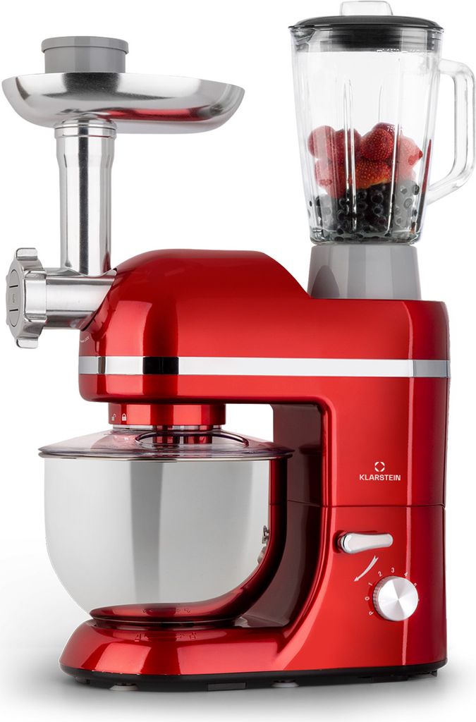 Klarstein Knetmaschine Küchenmaschine mit Fleischwolf, 1800W Teigmaschine Klein, 6 Stufen, Schneebesen Rühr- & Knethaken, Planetenrührwerk, Rüh...